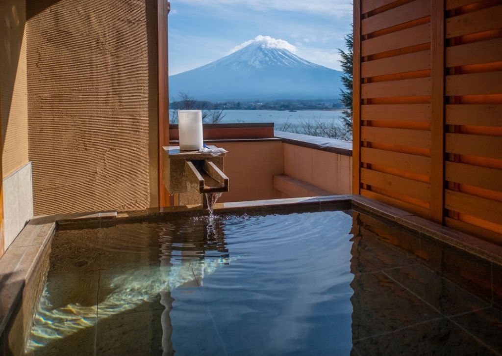 Mount Fuji as viewed from an onsen bath in Japan